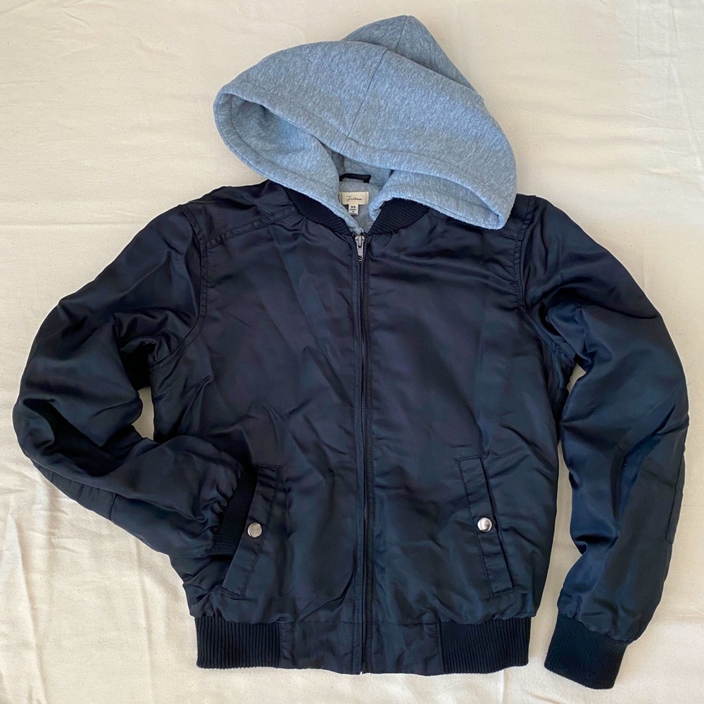 Satin Bomber Jacket with Hoodie fleece lining, size XS